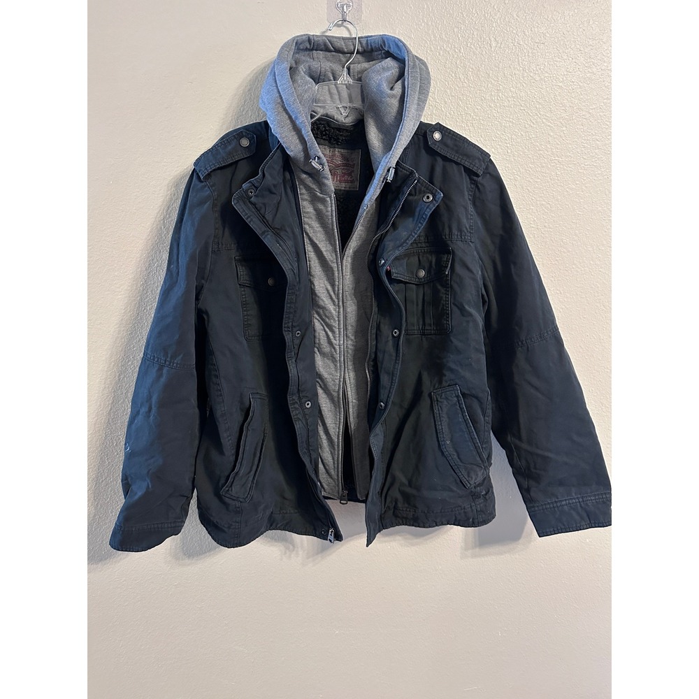 Levi's Hooded Trucker Jacket Black Full Zip Utility Military Coat REMOVABLE HOOD